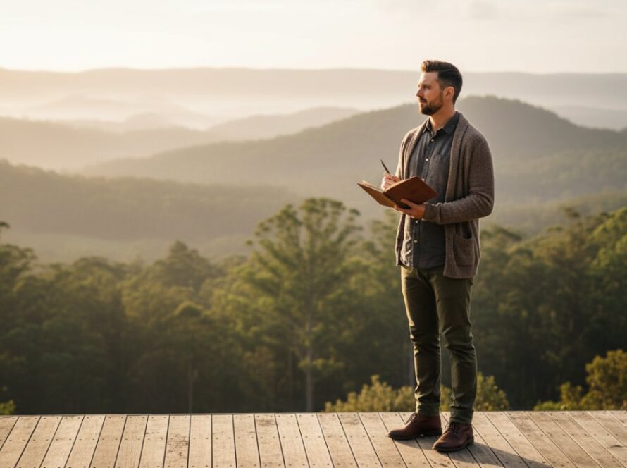 An inspiring, wide-angle shot capturing a creative entrepreneur in Belgrave Heights, deep in thought amidst the lush Dandenongs, holding a beautifully designed product, illuminated by golden hour light, reflecting the essence of Belgrave Heights bespoke branding photography for creative entrepreneurs.