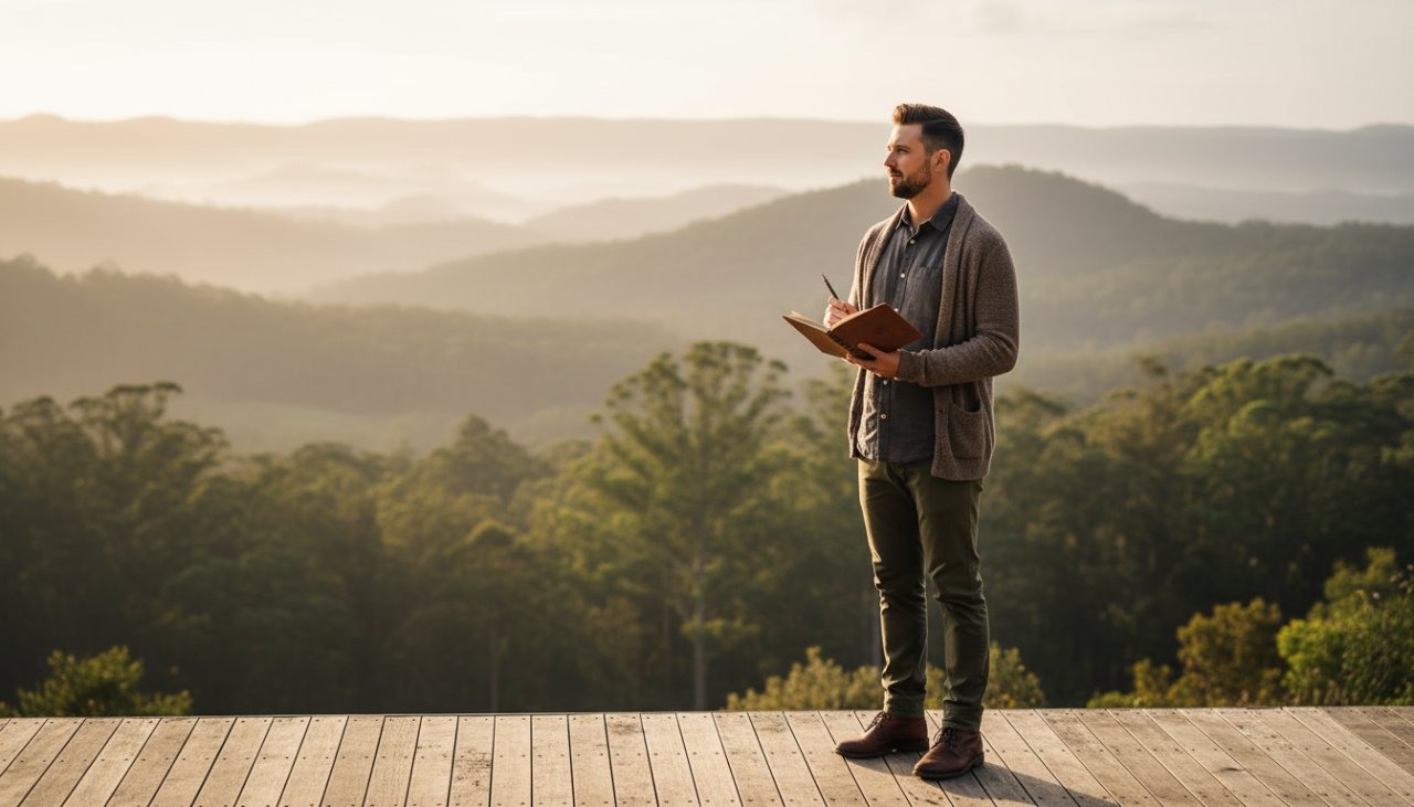 An inspiring, wide-angle shot capturing a creative entrepreneur in Belgrave Heights, deep in thought amidst the lush Dandenongs, holding a beautifully designed product, illuminated by golden hour light, reflecting the essence of Belgrave Heights bespoke branding photography for creative entrepreneurs.