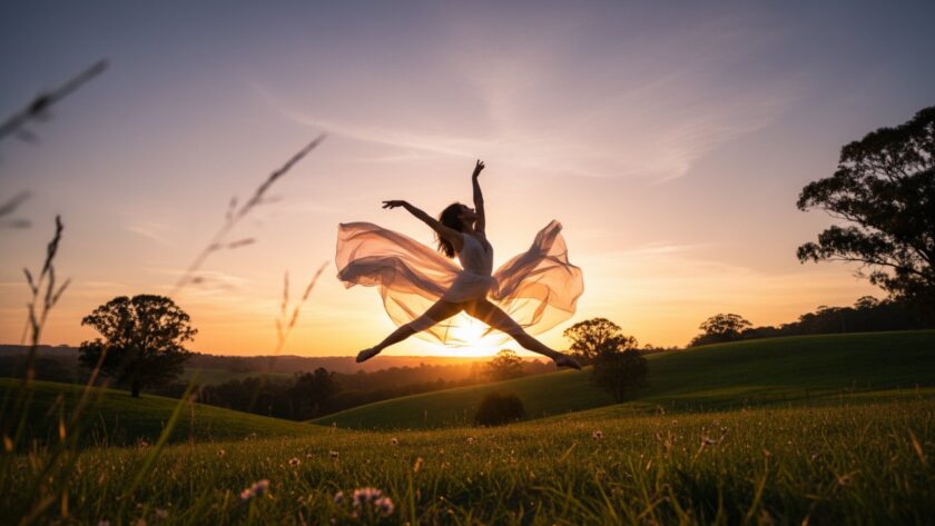 A dynamic shot of a dancer leaping gracefully against the lush, green backdrop of Belgrave Heights, showcasing Belgrave Heights dance photography capturing grace with stunning natural light.