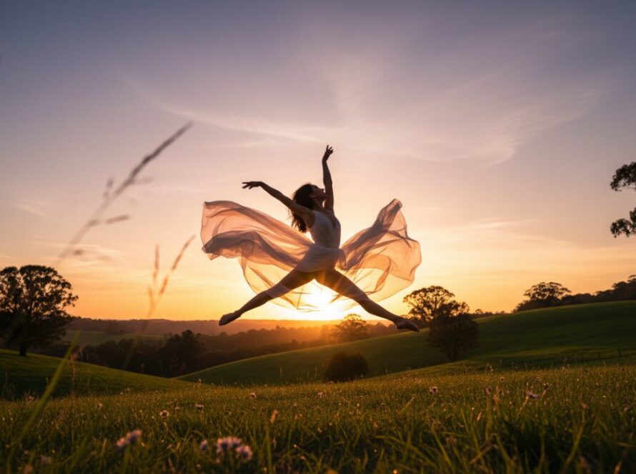 A dynamic shot of a dancer leaping gracefully against the lush, green backdrop of Belgrave Heights, showcasing Belgrave Heights dance photography capturing grace with stunning natural light.