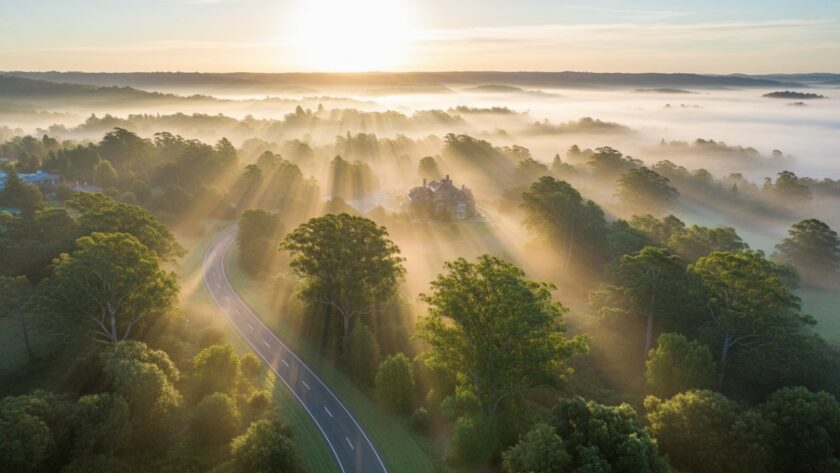 An epic drone shot above Belgrave Heights drone photography capturing scenic landscapes, showcasing the misty Dandenong Ranges at sunrise, with golden light illuminating lush trees and a winding road below, evoking a sense of tranquil grandeur.