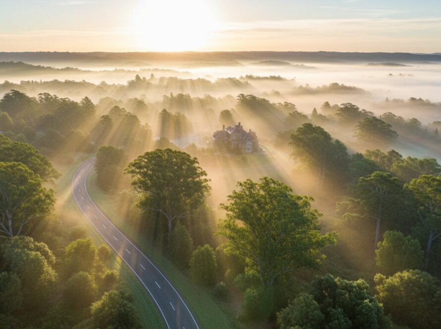 An epic drone shot above Belgrave Heights drone photography capturing scenic landscapes, showcasing the misty Dandenong Ranges at sunrise, with golden light illuminating lush trees and a winding road below, evoking a sense of tranquil grandeur.