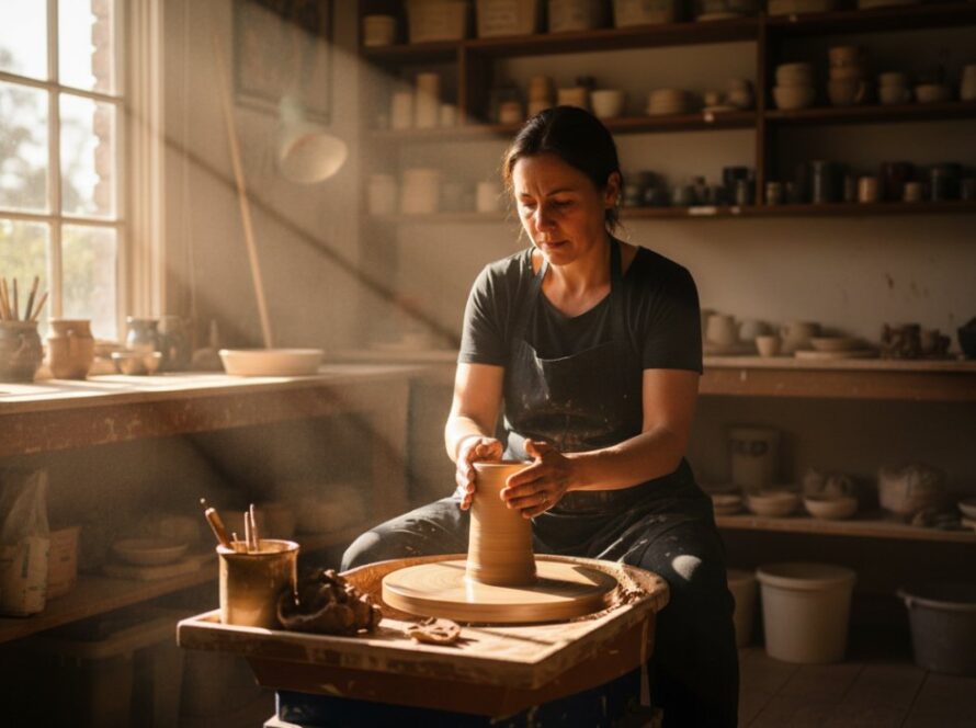 A powerful editorial photograph showcasing authentic storytelling in Belgrave Heights, Victoria, capturing a dramatic moment under natural light in a local artisan's workshop.