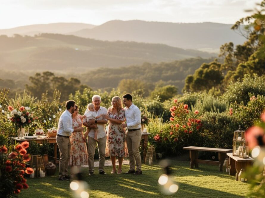 A heartwarming, candid photograph captured by a Belgrave Heights Family Celebration Photographer, showing a family embracing joyfully amidst the lush, sun-dappled gardens of a local Belgrave Heights venue, with golden hour light illuminating their happy faces and creating an epic, cherished memory.