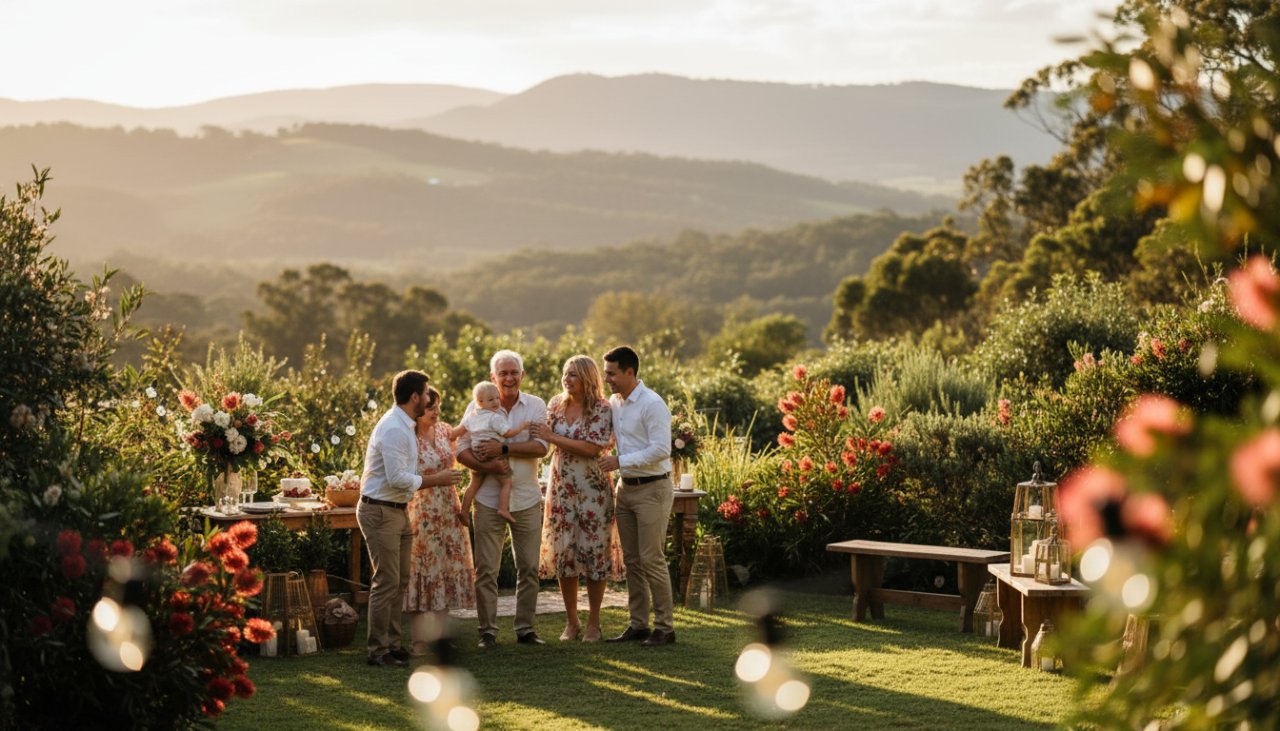 A heartwarming, candid photograph captured by a Belgrave Heights Family Celebration Photographer, showing a family embracing joyfully amidst the lush, sun-dappled gardens of a local Belgrave Heights venue, with golden hour light illuminating their happy faces and creating an epic, cherished memory.