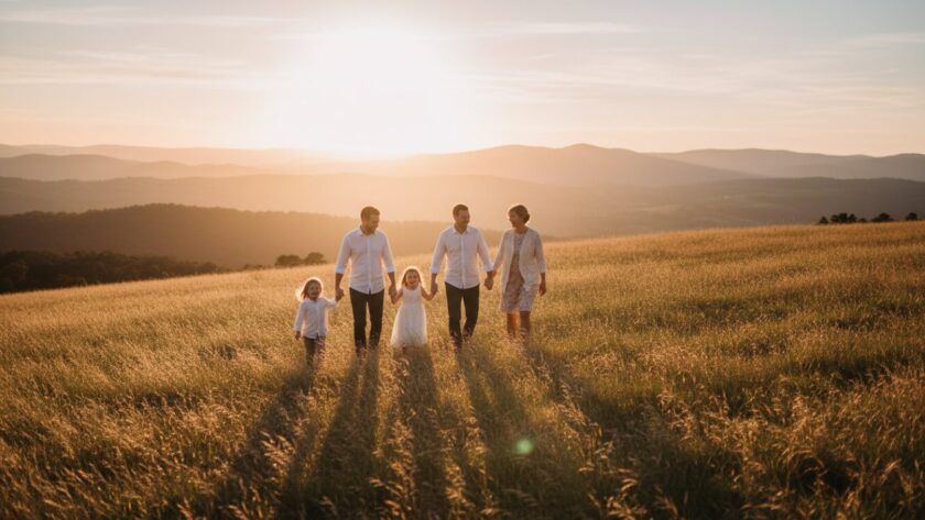 An epic moment of a family laughing joyfully amidst the golden hour light in the Dandenong Ranges, showcasing genuine Belgrave Heights family photography Dandenongs candid moments.