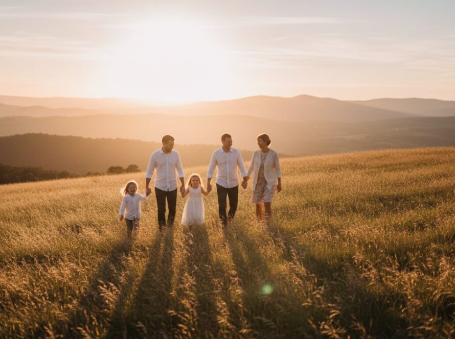 An epic moment of a family laughing joyfully amidst the golden hour light in the Dandenong Ranges, showcasing genuine Belgrave Heights family photography Dandenongs candid moments.