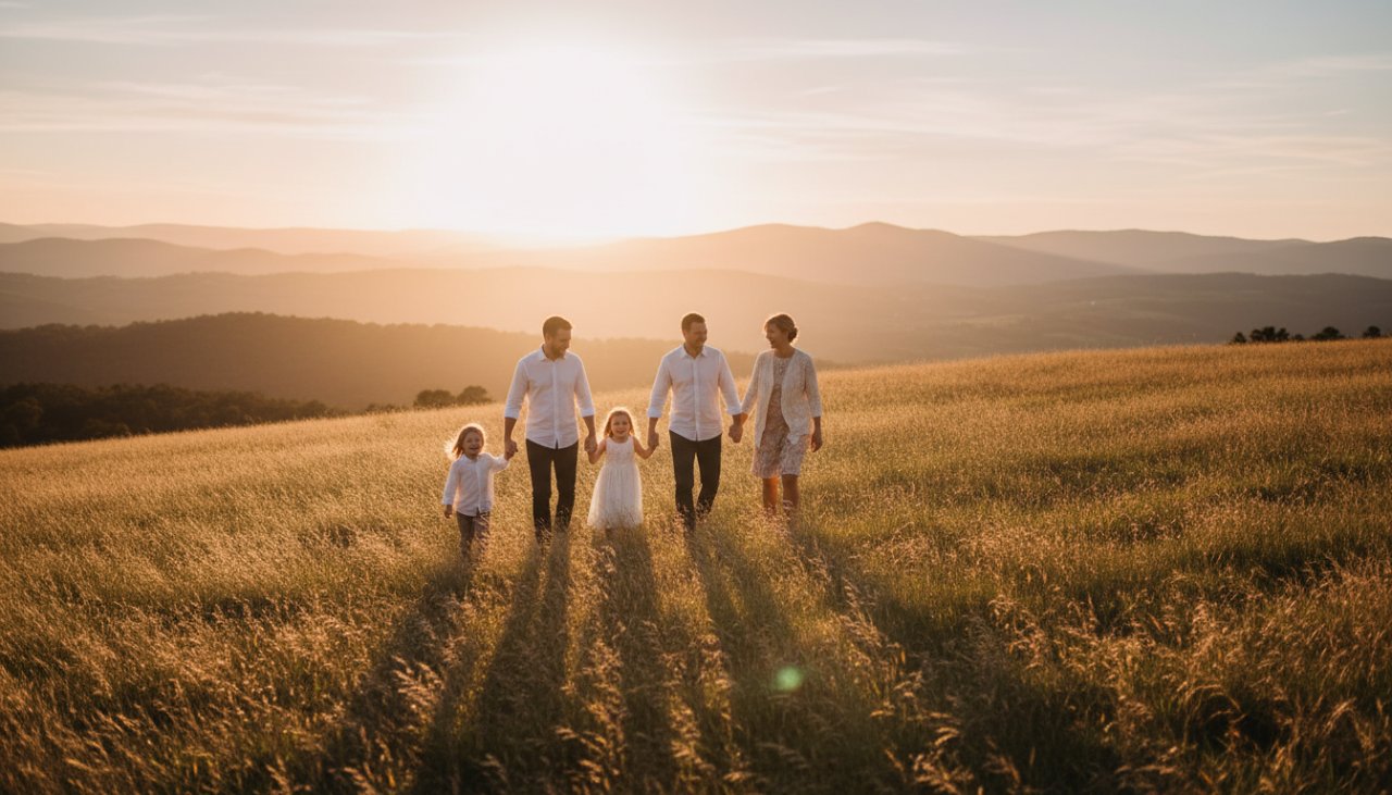 An epic moment of a family laughing joyfully amidst the golden hour light in the Dandenong Ranges, showcasing genuine Belgrave Heights family photography Dandenongs candid moments.