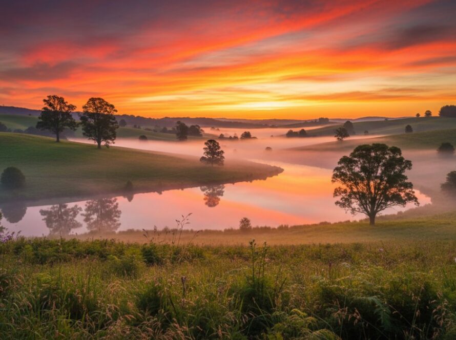 An epic moment of Belgrave Heights fine art landscape photography, capturing a stunning sunset over rolling hills and ancient gum trees, with golden light illuminating a distant, serene lake, evoking a sense of peaceful grandeur.