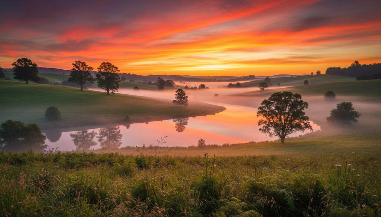 An epic moment of Belgrave Heights fine art landscape photography, capturing a stunning sunset over rolling hills and ancient gum trees, with golden light illuminating a distant, serene lake, evoking a sense of peaceful grandeur.
