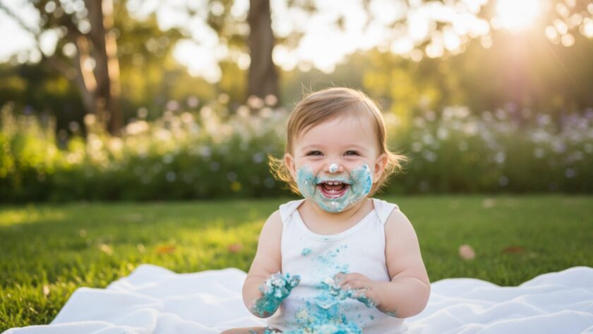 An adorable baby, covered in cake, laughing joyously amidst a whimsical outdoor setting in Belgrave Heights, Victoria, during their first birthday cake smash photography session, with soft, golden hour light illuminating the pure happiness of the moment.