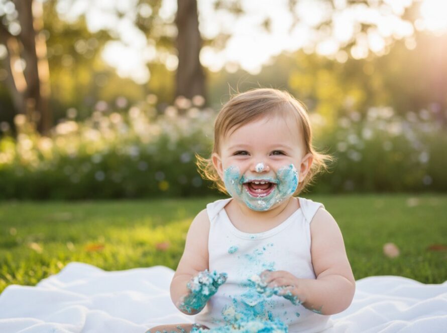 An adorable baby, covered in cake, laughing joyously amidst a whimsical outdoor setting in Belgrave Heights, Victoria, during their first birthday cake smash photography session, with soft, golden hour light illuminating the pure happiness of the moment.