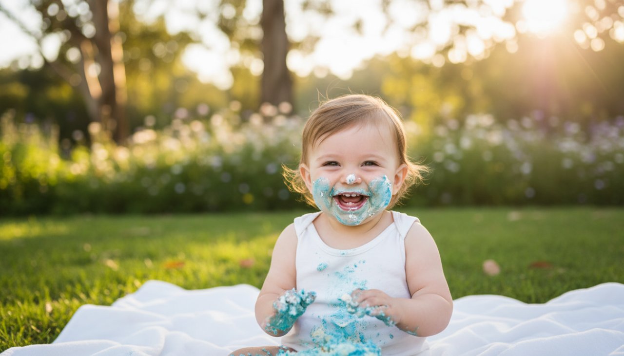 An adorable baby, covered in cake, laughing joyously amidst a whimsical outdoor setting in Belgrave Heights, Victoria, during their first birthday cake smash photography session, with soft, golden hour light illuminating the pure happiness of the moment.
