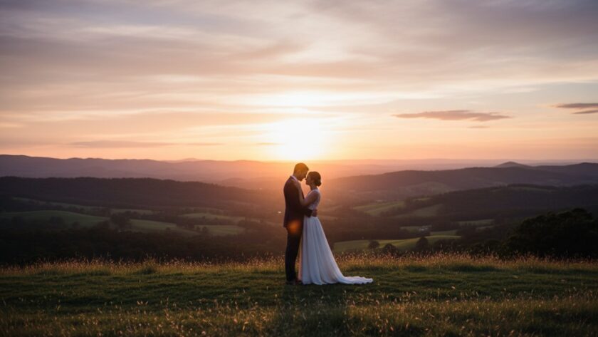 Epic moment of a couple embracing passionately at sunset in Belgrave Heights, their silhouettes highlighted against a vibrant orange and purple sky, showcasing romantic Belgrave Heights intimate engagement photography capturing genuine connection.