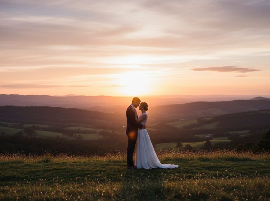 Epic moment of a couple embracing passionately at sunset in Belgrave Heights, their silhouettes highlighted against a vibrant orange and purple sky, showcasing romantic Belgrave Heights intimate engagement photography capturing genuine connection.