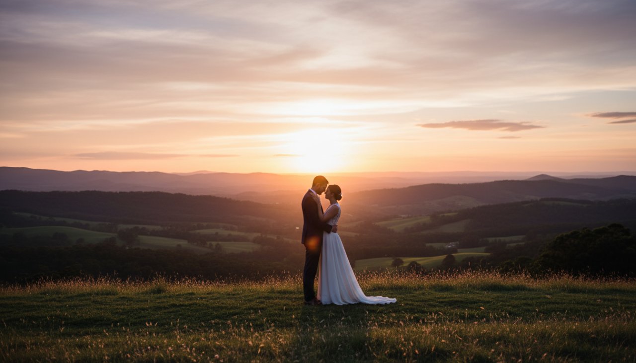 Epic moment of a couple embracing passionately at sunset in Belgrave Heights, their silhouettes highlighted against a vibrant orange and purple sky, showcasing romantic Belgrave Heights intimate engagement photography capturing genuine connection.