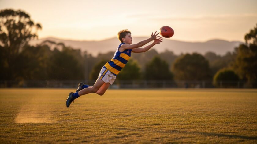 A thrilling wide-angle shot of a young athlete mid-air, scoring a goal during a junior football match in Belgrave Heights, capturing a true Belgrave Heights Junior Sports Photography Epic Moment with dramatic lighting and intense focus.