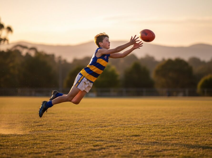 A thrilling wide-angle shot of a young athlete mid-air, scoring a goal during a junior football match in Belgrave Heights, capturing a true Belgrave Heights Junior Sports Photography Epic Moment with dramatic lighting and intense focus.