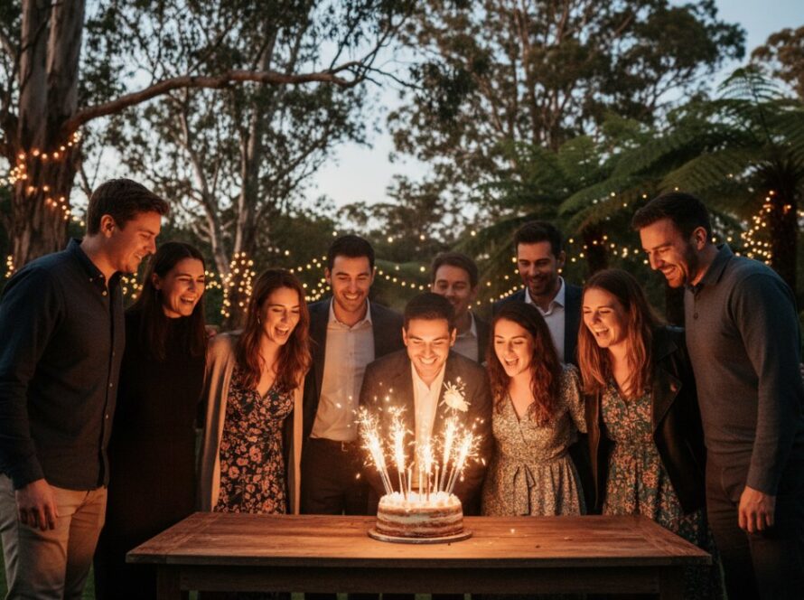 An ecstatic group of friends laughing and dancing under twinkling fairy lights at a garden party in Belgrave Heights, expertly captured through Belgrave Heights party photography capturing vibrant moments, showcasing genuine joy and connection.