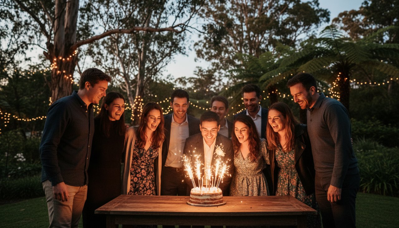 An ecstatic group of friends laughing and dancing under twinkling fairy lights at a garden party in Belgrave Heights, expertly captured through Belgrave Heights party photography capturing vibrant moments, showcasing genuine joy and connection.