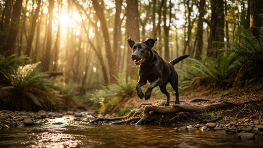 An epic moment captured in Belgrave Heights pet photography outdoor adventure, featuring a golden retriever joyfully leaping through a sun-dappled fern forest, a clear stream in the foreground, golden hour light, high-speed action shot with natural blur, expressing pure exuberance and connection with nature.