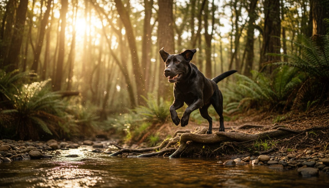 An epic moment captured in Belgrave Heights pet photography outdoor adventure, featuring a golden retriever joyfully leaping through a sun-dappled fern forest, a clear stream in the foreground, golden hour light, high-speed action shot with natural blur, expressing pure exuberance and connection with nature.