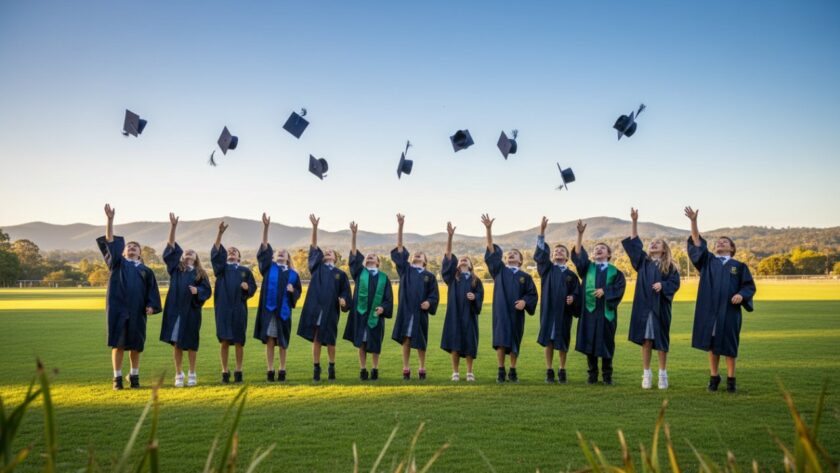 Vibrant panoramic shot of Belgrave Heights primary school students in their graduation caps joyfully tossing them into the air on a sunny oval, capturing Belgrave Heights primary school photography lasting memories.
