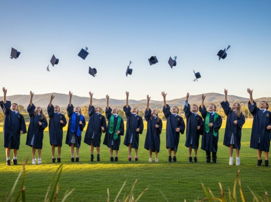 Vibrant panoramic shot of Belgrave Heights primary school students in their graduation caps joyfully tossing them into the air on a sunny oval, capturing Belgrave Heights primary school photography lasting memories.