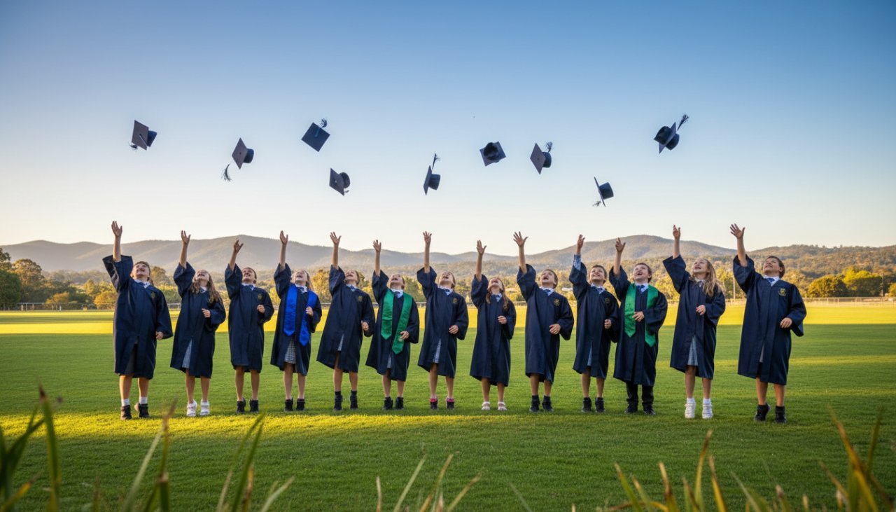 Vibrant panoramic shot of Belgrave Heights primary school students in their graduation caps joyfully tossing them into the air on a sunny oval, capturing Belgrave Heights primary school photography lasting memories.
