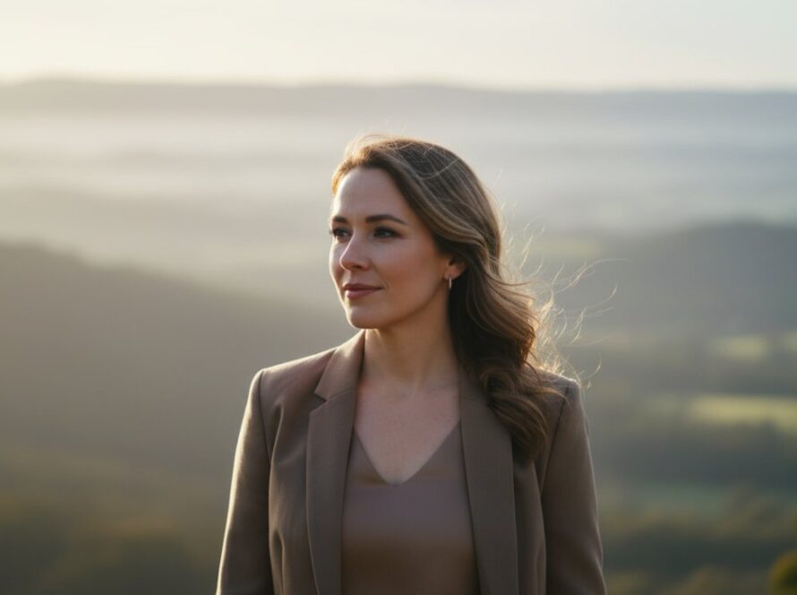 A confident local entrepreneur from Belgrave Heights stands amidst the lush, natural backdrop of the Dandenongs, a serene morning light illuminating their powerful Belgrave Heights professional headshots for local entrepreneurs, capturing an epic moment of calm determination and authentic leadership.