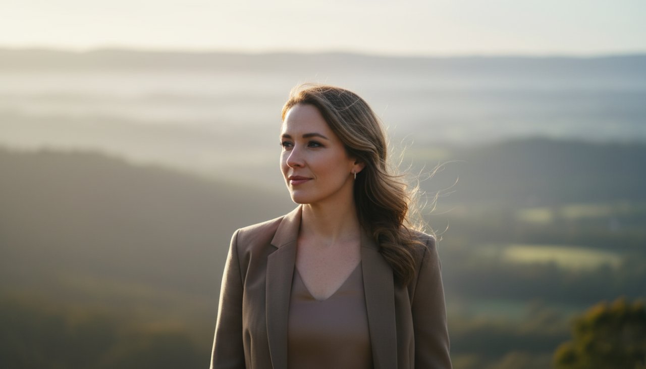 A confident local entrepreneur from Belgrave Heights stands amidst the lush, natural backdrop of the Dandenongs, a serene morning light illuminating their powerful Belgrave Heights professional headshots for local entrepreneurs, capturing an epic moment of calm determination and authentic leadership.