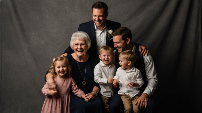 A heartwarming, candid 'epic moment' photograph captured during Belgrave Heights studio photography for authentic family portraits, featuring a family of four (parents and two young children) laughing joyfully, bathed in soft, ethereal studio light against a minimalist cream backdrop, showcasing genuine connection and love.