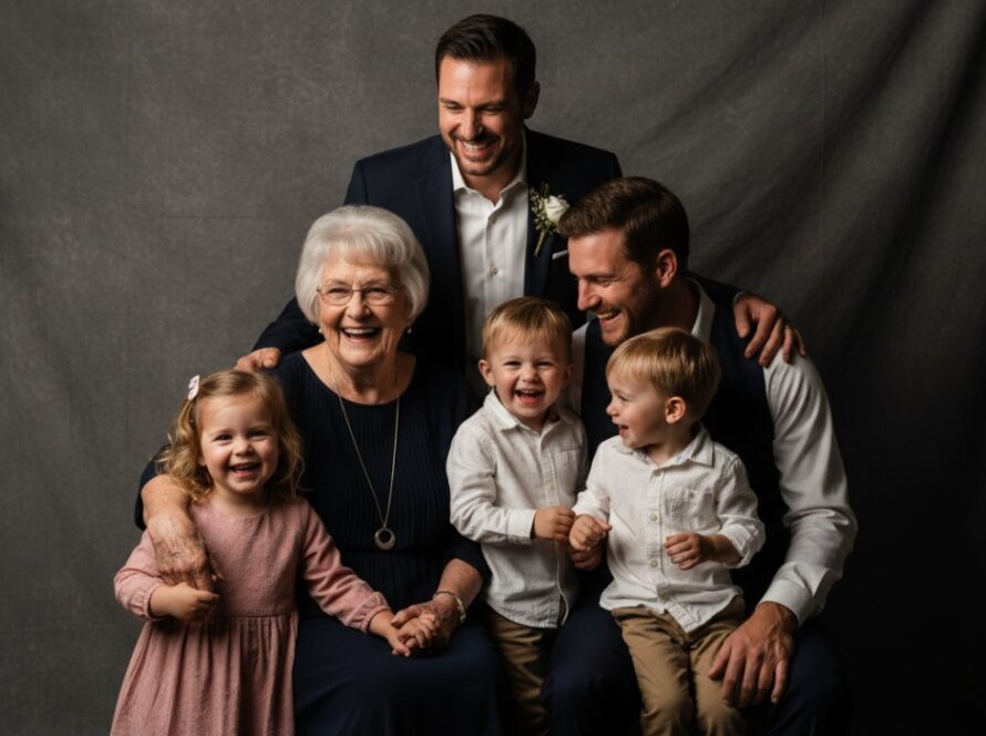 A heartwarming, candid 'epic moment' photograph captured during Belgrave Heights studio photography for authentic family portraits, featuring a family of four (parents and two young children) laughing joyfully, bathed in soft, ethereal studio light against a minimalist cream backdrop, showcasing genuine connection and love.