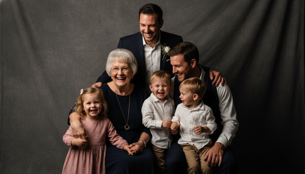 A heartwarming, candid 'epic moment' photograph captured during Belgrave Heights studio photography for authentic family portraits, featuring a family of four (parents and two young children) laughing joyfully, bathed in soft, ethereal studio light against a minimalist cream backdrop, showcasing genuine connection and love.