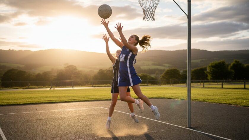 A dynamic wide-angle shot capturing the intensity of Belgrave Junior Netball Photography Action Shots, showing a young athlete leaping for the ball mid-air during a competitive match at the local courts, with the Dandenong Ranges hills faintly visible in the background, conveying determination and triumph.
