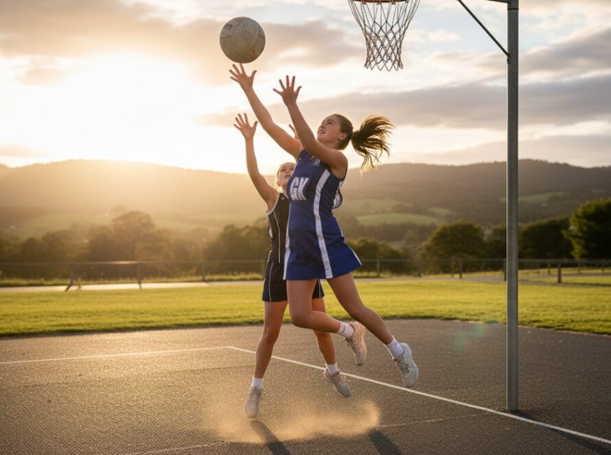 A dynamic wide-angle shot capturing the intensity of Belgrave Junior Netball Photography Action Shots, showing a young athlete leaping for the ball mid-air during a competitive match at the local courts, with the Dandenong Ranges hills faintly visible in the background, conveying determination and triumph.