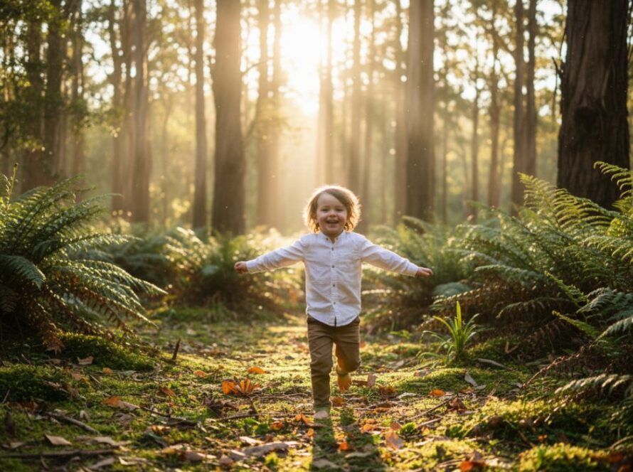 Belgrave kids photography candid moments featuring a child laughing joyfully amidst lush fern gully, sunlight filtering through trees, creating a magical and 'epic moment' portfolio shot.