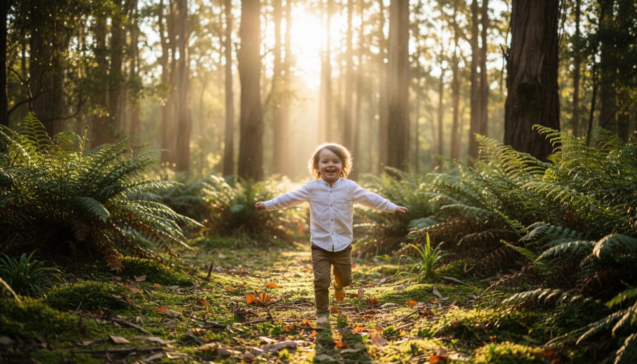Belgrave kids photography candid moments featuring a child laughing joyfully amidst lush fern gully, sunlight filtering through trees, creating a magical and 'epic moment' portfolio shot.