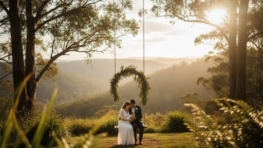 A tender, cinematic wide shot capturing a family cradling their newborn amidst the soft, ethereal light filtering through the towering gum trees of Belgrave, embodying the warmth of Belgrave newborn photography authentic family moments.