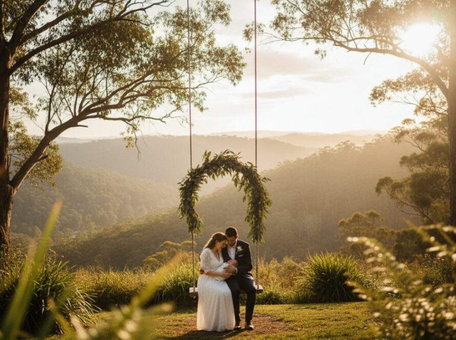 A tender, cinematic wide shot capturing a family cradling their newborn amidst the soft, ethereal light filtering through the towering gum trees of Belgrave, embodying the warmth of Belgrave newborn photography authentic family moments.