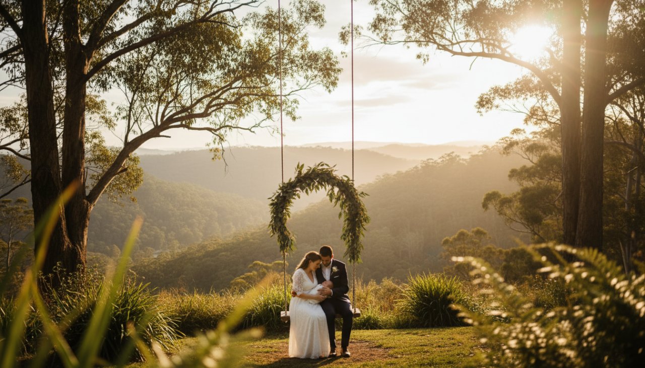 A tender, cinematic wide shot capturing a family cradling their newborn amidst the soft, ethereal light filtering through the towering gum trees of Belgrave, embodying the warmth of Belgrave newborn photography authentic family moments.