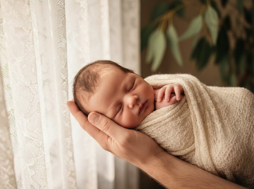 Belgrave Newborn Photography Precious First Weeks: A serene, close-up 'epic moment' photograph showing a newborn baby nestled safely in a parent's arms, bathed in soft, natural light filtering through the eucalypt canopy in a cosy home in Belgrave, Dandenong Ranges. The baby's tiny hand gently grasps a parent's finger, capturing a tender, intimate connection. The background is softly blurred, hinting at the warm, rustic charm of a Belgrave home.