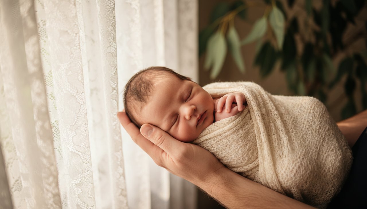 Belgrave Newborn Photography Precious First Weeks: A serene, close-up 'epic moment' photograph showing a newborn baby nestled safely in a parent's arms, bathed in soft, natural light filtering through the eucalypt canopy in a cosy home in Belgrave, Dandenong Ranges. The baby's tiny hand gently grasps a parent's finger, capturing a tender, intimate connection. The background is softly blurred, hinting at the warm, rustic charm of a Belgrave home.