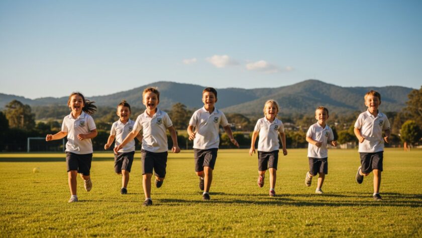 An joyful, candid moment captured during Belgrave primary school photography, featuring a diverse group of primary school children laughing and running through dappled sunlight in a lush Belgrave schoolyard, framed by the iconic Dandenong Ranges in the background. Their faces are lit with genuine happiness, reflecting the vibrant energy of childhood, an epic moment frozen in time.