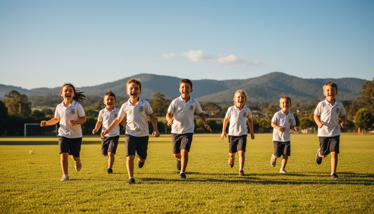 An joyful, candid moment captured during Belgrave primary school photography, featuring a diverse group of primary school children laughing and running through dappled sunlight in a lush Belgrave schoolyard, framed by the iconic Dandenong Ranges in the background. Their faces are lit with genuine happiness, reflecting the vibrant energy of childhood, an epic moment frozen in time.