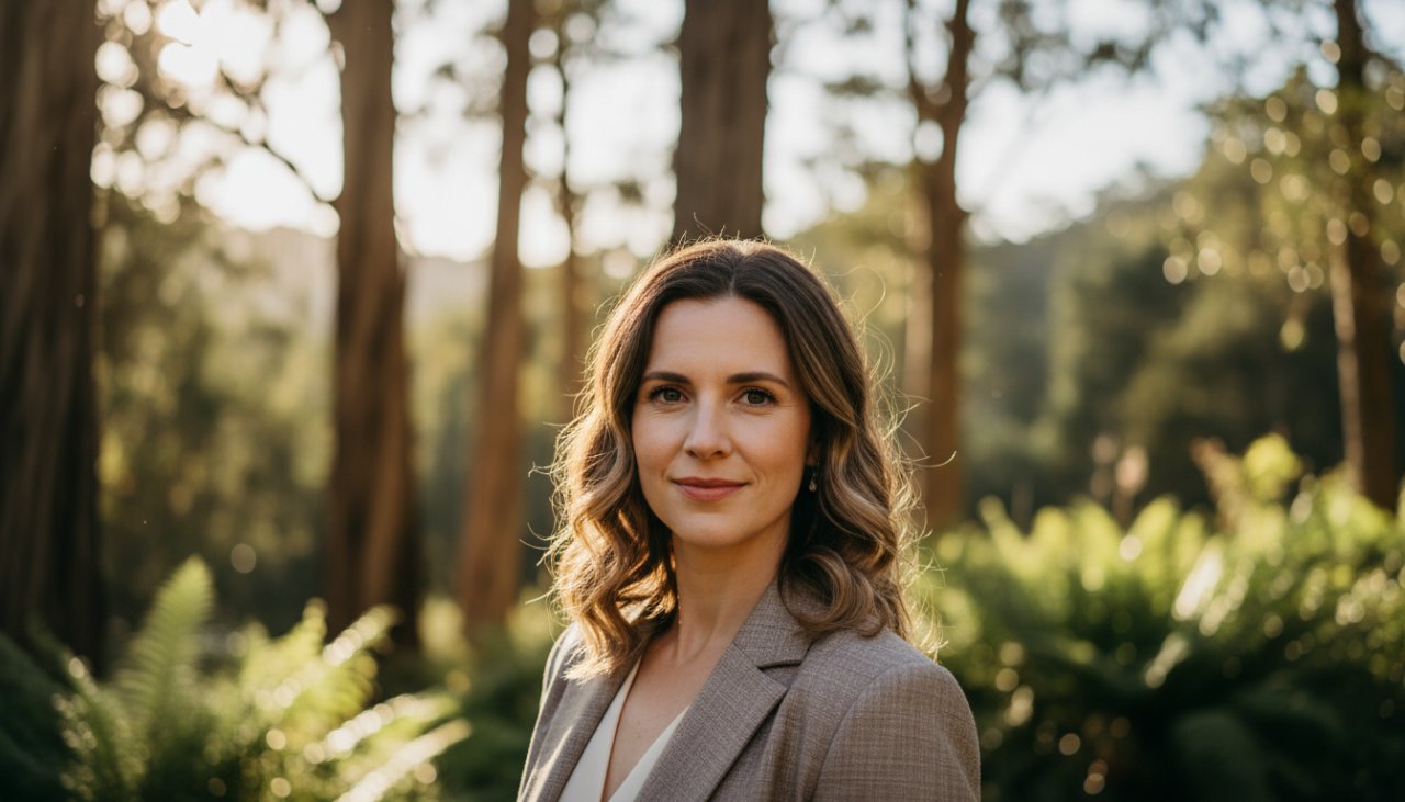 Epic moment of a professional smiling confidently during Belgrave professional headshots outdoor photography, bathed in golden hour light with the lush Dandenong Ranges as a blurred backdrop.