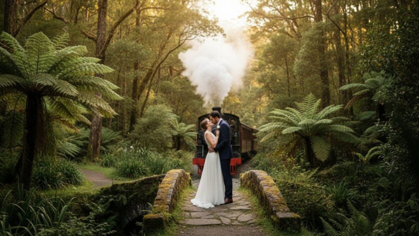 An epic moment photograph of a couple embracing passionately amidst the lush, misty forests of Belgrave, with the iconic Puffing Billy steam train subtly passing in the background, captured during their Belgrave Puffing Billy engagement photoshoot ideas session at golden hour, showcasing their joy and the serene beauty of the Dandenongs.