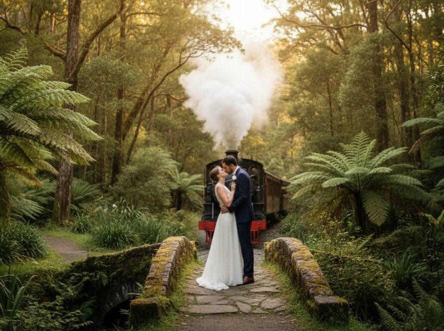 An epic moment photograph of a couple embracing passionately amidst the lush, misty forests of Belgrave, with the iconic Puffing Billy steam train subtly passing in the background, captured during their Belgrave Puffing Billy engagement photoshoot ideas session at golden hour, showcasing their joy and the serene beauty of the Dandenongs.