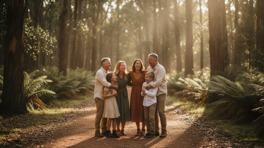 A stunning wide-angle candid photograph of a family laughing joyfully as they walk hand-in-hand through a sun-dappled trail in Sherbrooke Forest, Belgrave South, capturing Belgrave South authentic family candid photos.