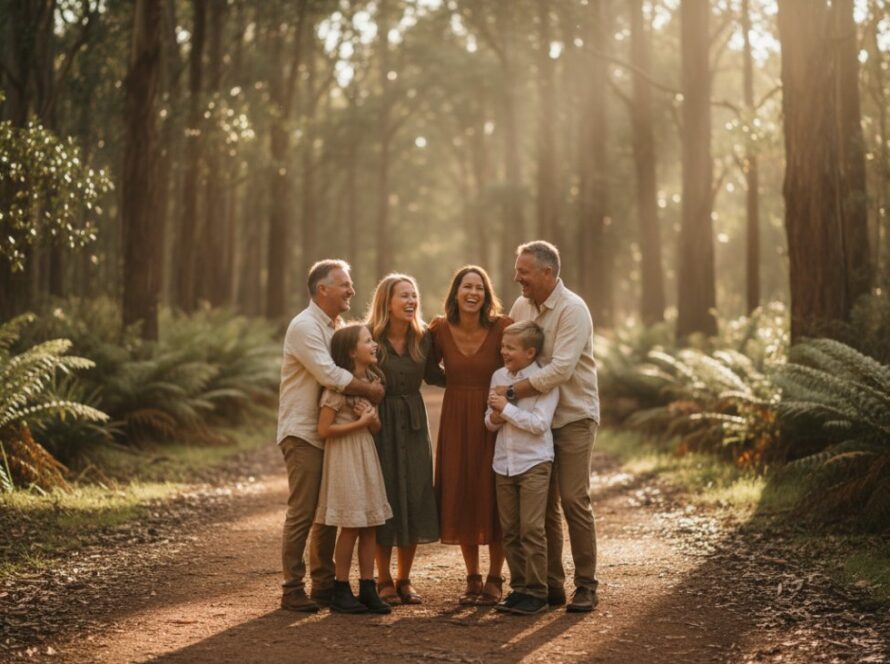 A stunning wide-angle candid photograph of a family laughing joyfully as they walk hand-in-hand through a sun-dappled trail in Sherbrooke Forest, Belgrave South, capturing Belgrave South authentic family candid photos.